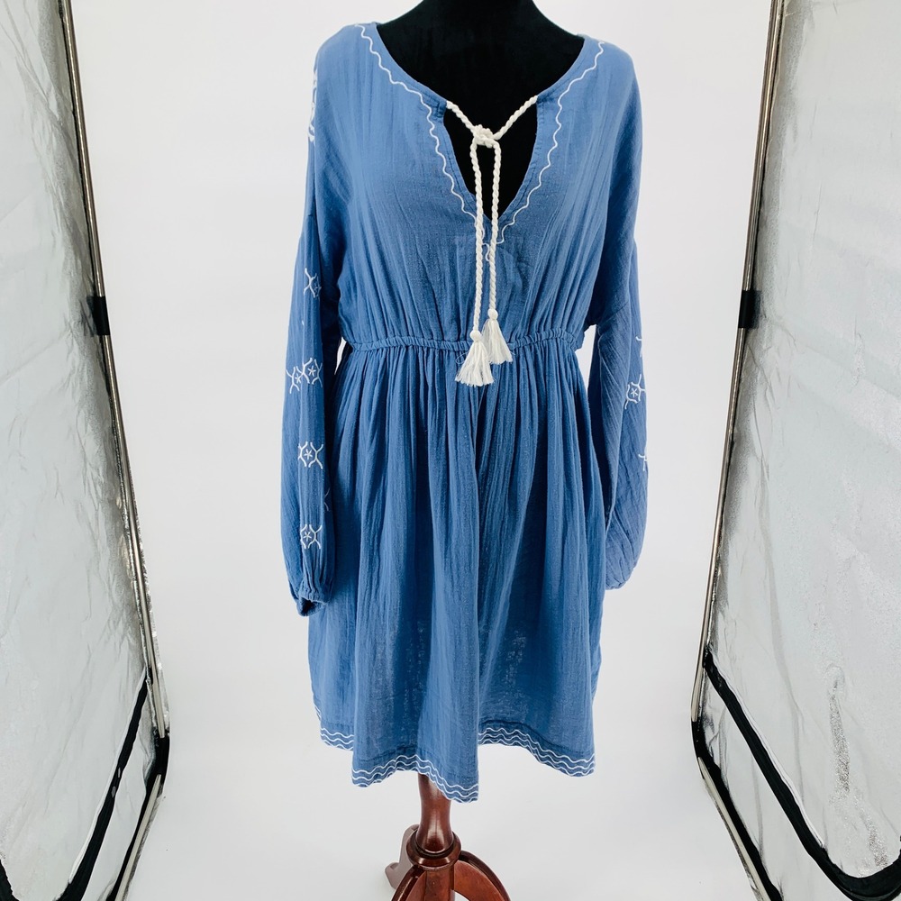 Mer St. Barth Womens Blue Cotton Gauze Embroidered Tassel Mini Dress Medium